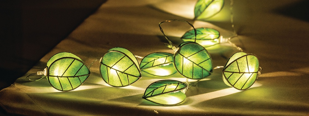 String of 10 battery operated LED Green Leaf Lights
