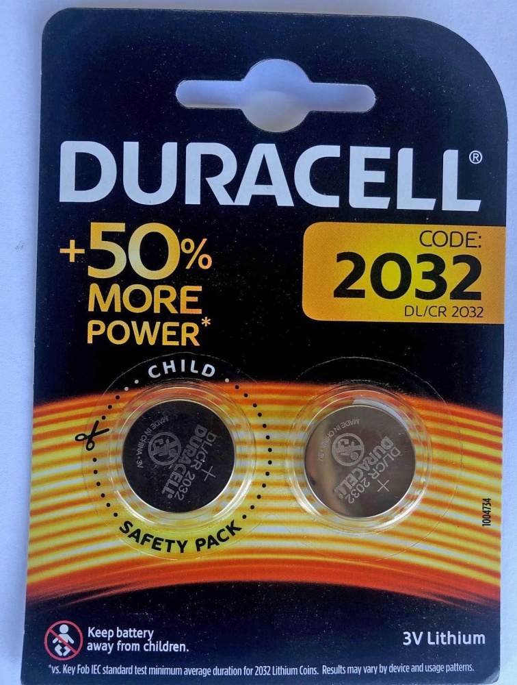 Duracell Brand CR2032 Lithium coin cells blister cards of 2 batteries